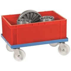 Fahrgestell aus Stahl, mit Polyamidrädern, Tragfähigkeit 250 kg, Ladefläche 610 x 410 mm.