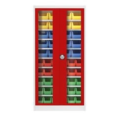 Sichtfenster-Flügeltürenschrank, mit 50 Sichtlagerkästen, lichtgrau / feuerrot.