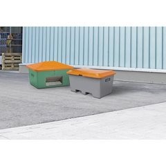 Streugutbehälter aus GfK, Volumen 200 l, mit Entnahmeöffnung, Behälter grau.