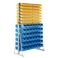 Ständerkleinteileregal mit Sichtlagerkästen, doppelseitig, mit 280 Sichtlagerkästen.