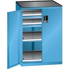 Schubladenschrank mit Flügeltüren, Höhe 1020 mm, 2 Böden, 2 Schubladen, Traglast 75 kg, lichtgrau.