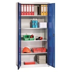 Flügeltürschrank aus Stahlblech, HxBxT 1950 x 950 x 500 mm, 4 Fachböden, lichtgrau RAL 7035 / enzian