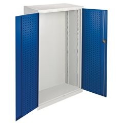 Werkzeugschrank Leergehäuse, Türinnenseiten mit Lochprägung, Türen grau.