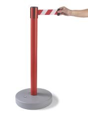 Gurtabsperrpfosten, VE 2 Stk, für innen und außen, Auszug 3700 mm, Pfosten rot, Gurt rot / weiß.