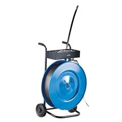 Bandabroller für PP-Bänder, für Bandbreite 13 mm, fahrbar, mit Ablagefach und Bügelbremse.