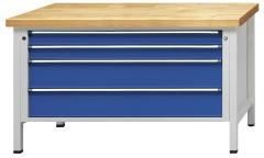 Werkbank 1500 mm breit, Gestellbauweise, 4 Schubladen à 2 x 90, 2 x 180 mm, Buchemassivplatte, Höhe