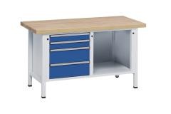 Werkbank, Gestellbauweise Serie V, 4 Schubladen, 1 Ablageboden, Buche massiv, Höhe 840 mm.