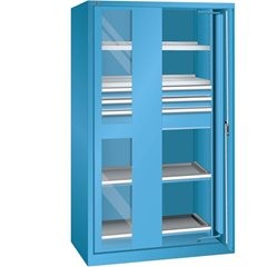 Schwerlasteinschwenktürenschrank, 3 Schubladen, 4 Fachböden, mit Sichtfenstertüren, lichtgrau.