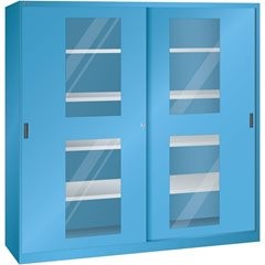 Schiebetürenschrank mit Sichtfenstertüren, 8 Fachböden, lichtgrau.