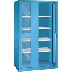 Schwerlasteinschwenktürenschrank, 4 Fachböden, mit Sichtfenstertüren, lichtgrau.