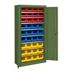 Magazinschrank, einfarbig, mit 36 Sichtlagerkästen, 8 Fachböden, grün.