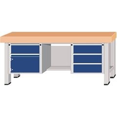 Schwerlast-Werkbank, Plattenbreite 2250 mm, mit 4 Schubladen und 1 Flügeltür, Plattenstärke 50 mm.