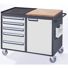 Kompaktwerkbänke, fahrbar, 5 Schubladen, 1 Tür, Arbeitsfläche Holz / Metall, anthrazit / lichtgrau.