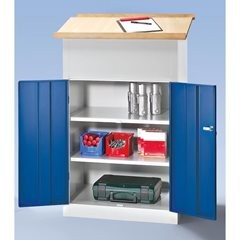 Industrie-Stehpult, mit Flügeltürschrank, enzianblau.