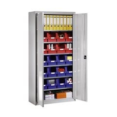 Materialschrank aus Stahlblech, mit 20 Sichtlagerkästen, lichtgrau RAL 7035.
