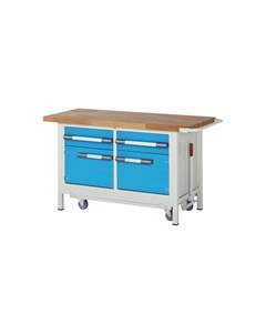 Fahr- und absenkbare Werkbank, Gestellbauweise Serie 8000, 2 Schubladen, 2 Türen, BxT 1250 x 700 mm.