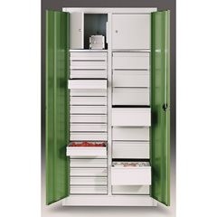 Materialschrank aus Stahlblech, 2 Fachböden, 24 Schubladen, 2 Wertfächer, Tür li