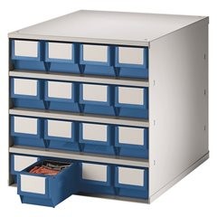 Schubladenmagazin, Gehäuse-Traglast 75 kg, HxBxT 395 x 376 x 400 mm, 16 Schubladen, Schubladen blau.