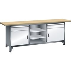 Werkbank Breite 2000 mm, Gestellbauweise, 2 Schubladen, 2 Türen, 4 Fachböden, Ko