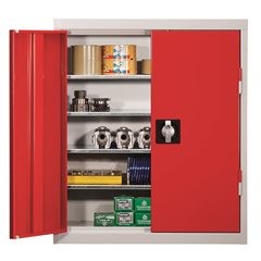 Materialschrank aus Stahlblech, Höhe 780 mm, lichtgrau RAL 7035 / enzianblau RAL 5010, 6 Böden.