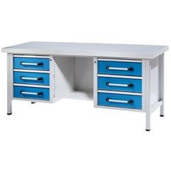 Werkbank, Gestellbauweise, Breite 2000 mm, 6 Schubladen, 1/2 Ablageboden, Buche massiv.