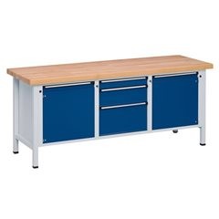 Werkbank, Gestellbauweise Serie V, 2 Türen 540 mm, 3 Schubladen, Universalplatte, Teilauszug.