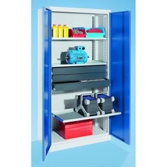 Materialschrank, Breite 950 mm, 3 Ausziehböden, 3 Schubladen, Tür enzianblau.