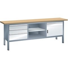 Werkbank mit Buchemassivplatte, Gestellbauweise, Breite 2000 mm, 4 Schubladen, 1