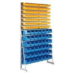 Ständerkleinteileregal mit Sichtlagerkästen, einseitig, mit 112 Sichtlagerkästen.