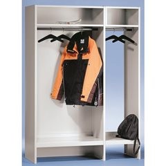 Offene Garderobe, lichtgrau RAL 7035, mit 10 Kleiderbügeln.