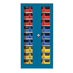 Sichtfenster-Flügeltürenschrank, mit 36 Sichtlagerkästen, brillantblau.