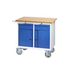 Kompaktwerkbank, fahrbar, mit 2 Schubladen, 2 Türen, BxT 950 x 590 mm.