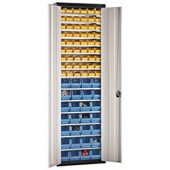 Magazinschrank mit Sichtlagerkästen, HxBxT 2150 x 680 x 280 mm, zweifarbig, Korpus grau, Türen rot,