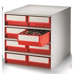 Schubladenmagazin, Gehäuse-Traglast 75 kg, HxBxT 395 x 376 x 400 mm, 8 Schubladen, Schubladen blau.
