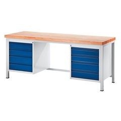 Werkbank, Gestellbauweise, 8 Schubladen Größe L, Tiefe 700 mm, Breite 1500 mm.