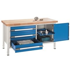 Höhenverstellbare Werkbank, Gestellbauweise, Breite 1500 mm, 3 Schubladen 180 mm, 1 Tür, grau.