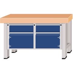 Schwerlast-Werkbank, Plattenbreite 1500 mm, mit 2 Schubladen und 2 Flügeltüren, Plattenstärke 50 mm.