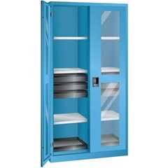 Sichtfensterschrank, HxBxT 1950 x 1000 x 580 mm, mit 8 Fachböden, 6 Schubladen, lichtgrau.