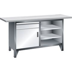 Werkbank Breite 1500 mm, Gestellbauweise, 3 Böden, 1 Schublade, 1 Tür, Korpus lichtgrau, Front licht