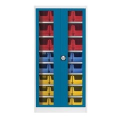 Sichtfenster-Flügeltürenschrank, mit 32 Sichtlagerkästen, lichtgrau / brillantblau.