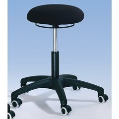 Arbeitsdrehhocker gepolstert mit Stoffbezug, Gasfeder-Höhenverstellung, Fünffußgestell mit Rollen.