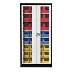 Sichtfenster-Flügeltürenschrank, mit 32 Sichtlagerkästen, graphitschwarz / lichtgrau.