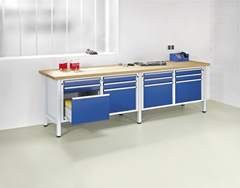 Werkbank Breite 2800 mm, Gestellbauweise, 8 Schubladen, Universalplatte.