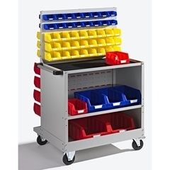 Fahrregal mit Sichtlagerkästen und Arbeitsfläche, HxBxT 940 x 820 x 245 mm, mit 109 Kästen.