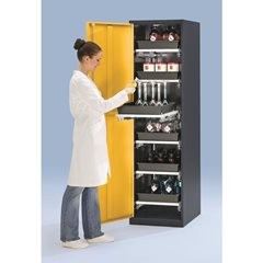 Labor-Chemikalienschrank, 1-türig, hoch, 4 Auszüge, mit Sichtfenster, grau.