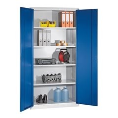 Flügeltürenschrank, 4 Fachböden, Breite 1000 mm, lichtgrau / enzianblau.