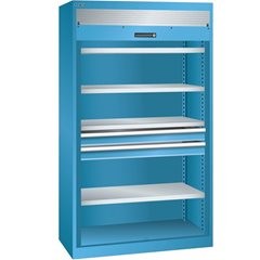 Schwerlastrollladenschrank, 4 Fachböden, 2 Schubladen, lichtblau.