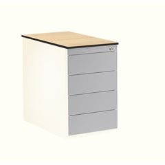 Schubladencontainer, HxT 708 x 800 mm, 4 Schubladen, reinweiß / weißaluminium / Ahorn.