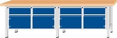 Werkbank Breite 2800 mm, Gestellbauweise, 8 Schubladen, Buchemassivplatte.