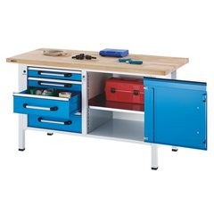 Werkbank, Gestellbauweise, Breite 1500 mm, 4 Schubladen, 1 Tür, lichtblau, Buche massiv.